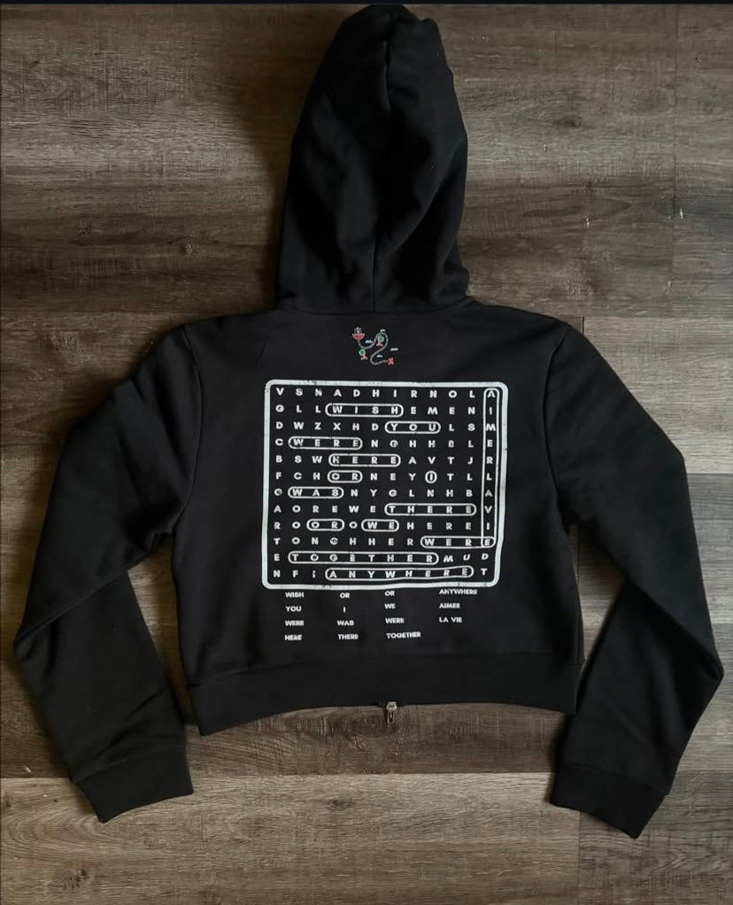 Woman cropped full zip word puzzle hoodie