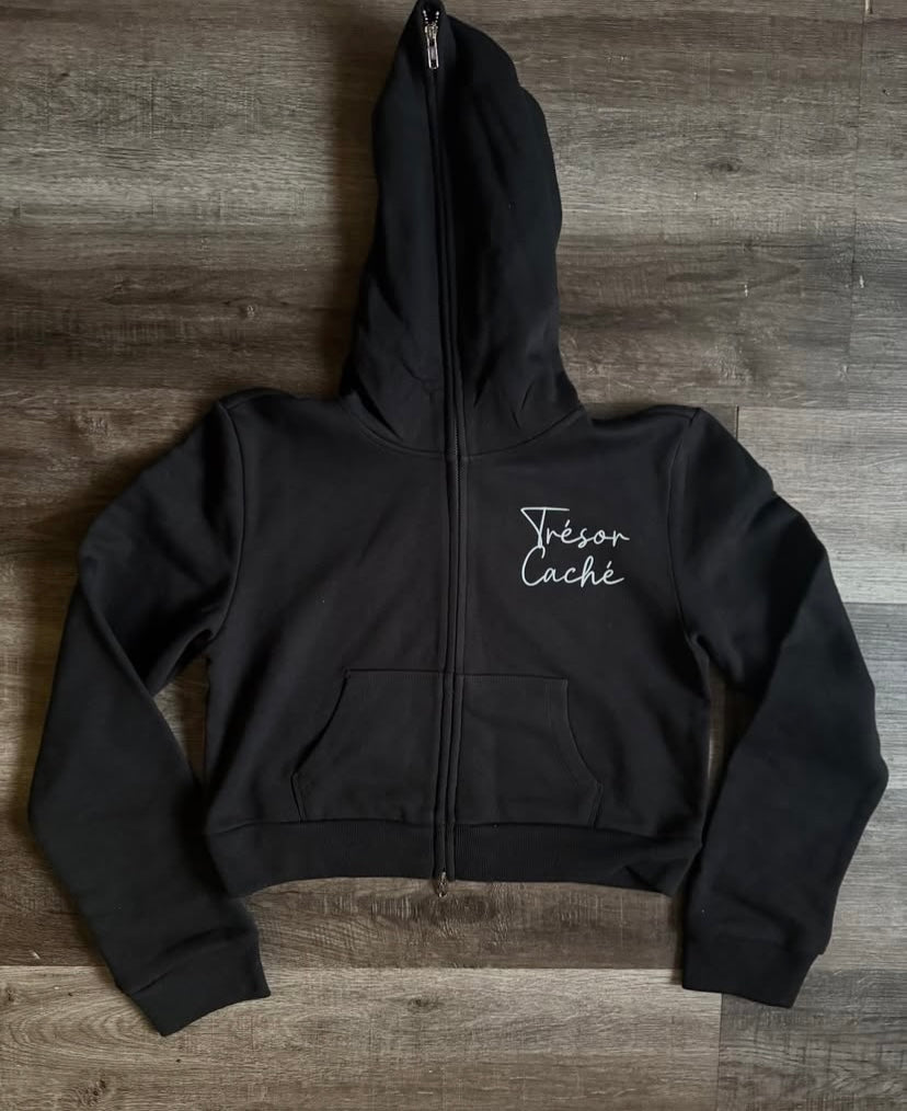 Woman cropped full zip word puzzle hoodie