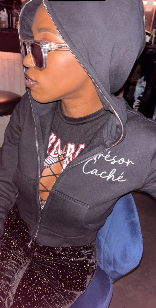 Woman cropped full zip word puzzle hoodie